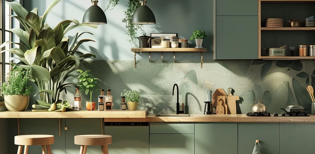 kitchen sage green and wood