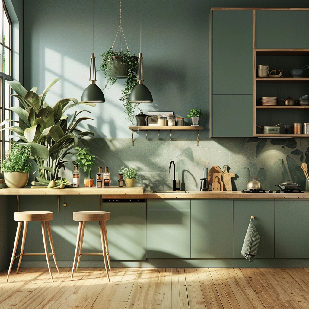 kitchen sage green and wood